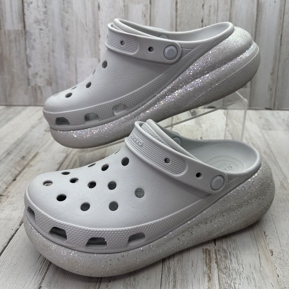 Crocs Classic Crush Glitter Gray Platform Clogs Sz 9 Atmosphere Platform EUC